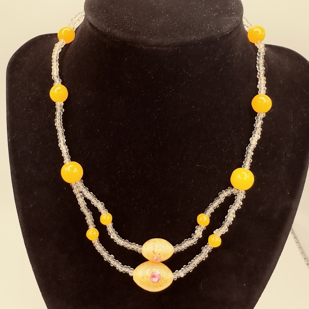 Handmade Beaded Choker Necklace Orange Beads with Art Glass Focal Beads 14"